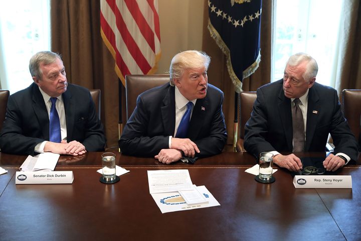 President Donald Trump presides over a meeting about immigration with Republican and Democrat members of Congress, including Senate Minority Whip Richard Durbin (left) and House Minority Whip Steny Hoyer on Jan. 9, 2018, in Washington, D.C. In addition to seeking bipartisan solutions to immigration reform, Trump advocated for the reintroduction of earmarks as a way to break the legislative stalemate in Congress.