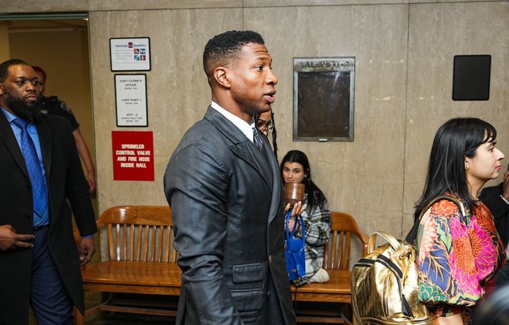 Actor Jonathan Majors and Meagan Good arrive for closing arguments in Majors' domestic violence trial at Manhattan Criminal Court on Dec. 15, 2023, in New York City. Majors had plead not guilty but faces up to a year in jail if convicted on misdemeanor charges of assault and harassment of an ex-girlfriend.