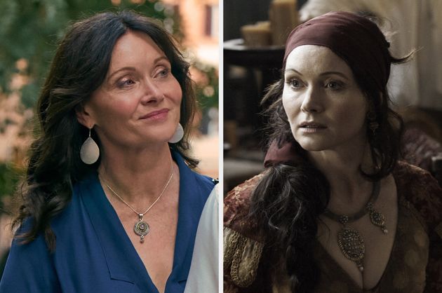 Essie Davis in One Day (left) and Game Of Thrones (right)