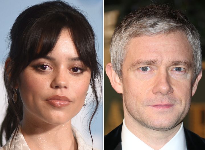 Jenna Ortega, at left, is best known for her role in the family-friendly Netflix series "Wednesday." She co-stars in the movie "Miller's Girl" with Martin Freeman, at right.