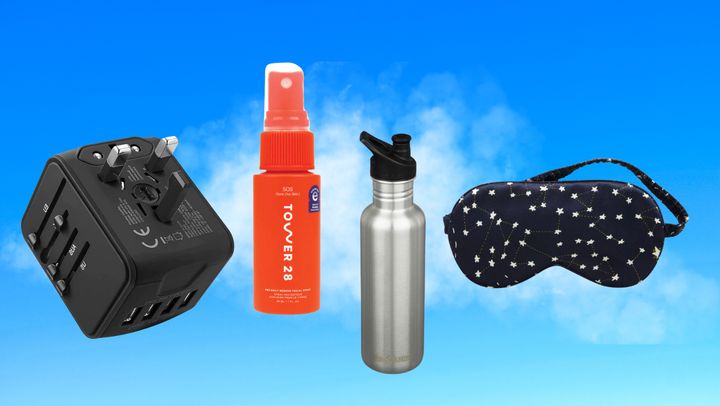A universal travel adaptor, a Tower28 facial spray, a Klean Kanteen mask and a Brooklinen silk eye mask.