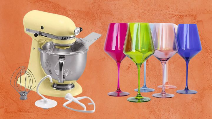 A KitchenAid stand mixer and set of handblown colored wine glasses