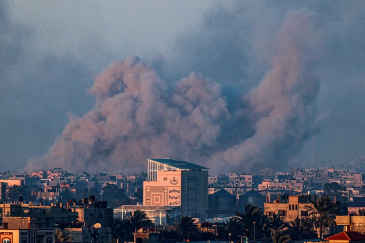 Smoke billows skyward after an Israeli bombardment over Khan Yunis in the southern Gaza Strip on Feb. 10.