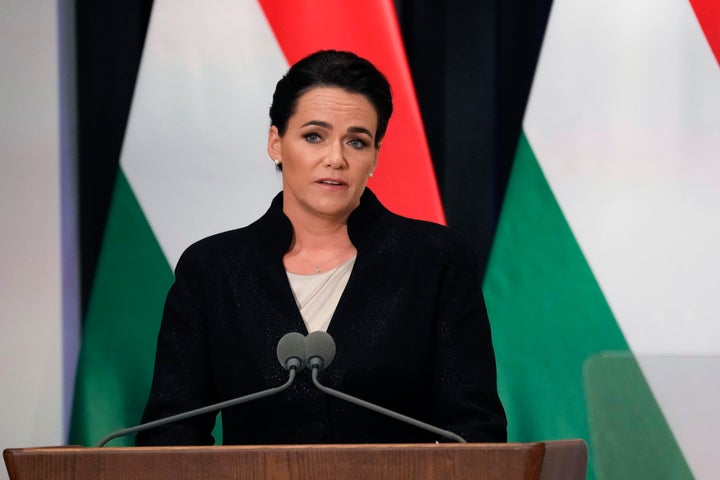 FILE - Hungarian President Katalin Novàk delivers her speech during Pope Francis' meeting with the authorities, civil society, and the diplomatic corps in the former Carmelite Monastery in Budapest, Hungary, April 28, 2023. (AP Photo/Andrew Medichini, Pool, File)