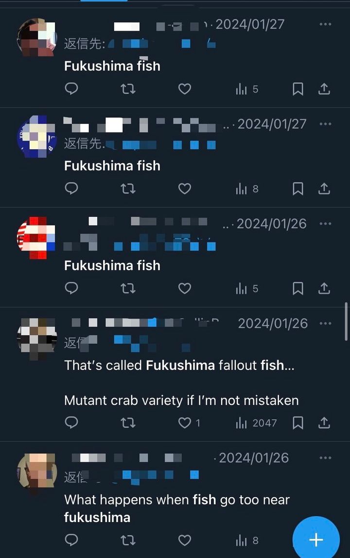 Fukushima fishなどと書かれたリプライ