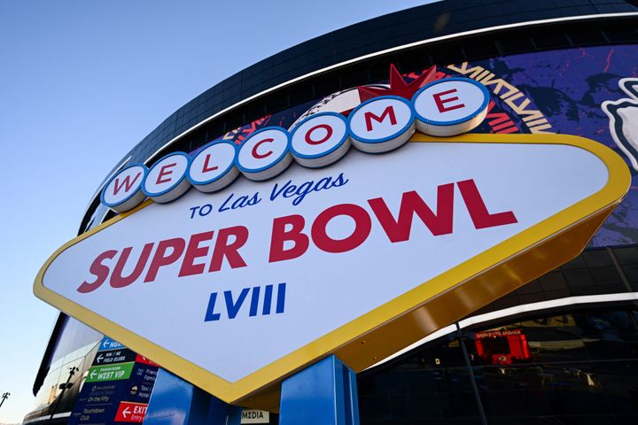 A Welcome To Las Vegas Super Bowl LVIII sign stands outside of Allegiant Stadium at sunrise ahead of Super Bowl LVIII in Las Vegas, Nevada, on February 11, 2024. (Photo by Patrick T. Fallon / AFP) (Photo by PATRICK T. FALLON/AFP via Getty Images)