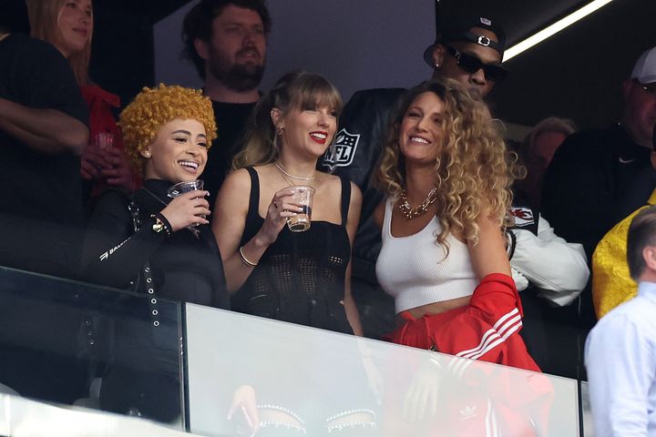 Taylor Swift and Blake Lively react prior to Super Bowl LVIII between the San Francisco 49ers and Kansas City Chiefs at Allegiant Stadium on Feb. 11 in Las Vegas, Nevada.