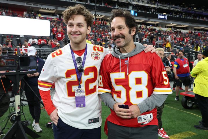 Paul Rudd brought his son Jack Rudd. He rocked a mustache which looked like it could have been inspired by Chiefs coach Andy Reid.