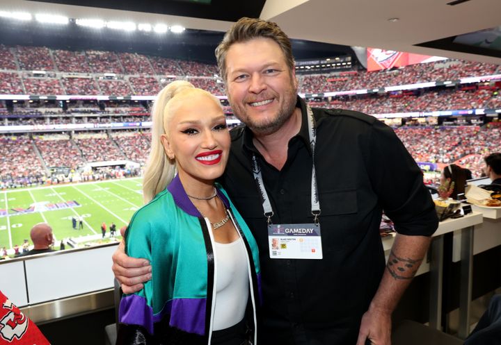 Lovebirds Gwen Stefani and Blake Shelton attend Super Bowl LVIII pregame festivities.