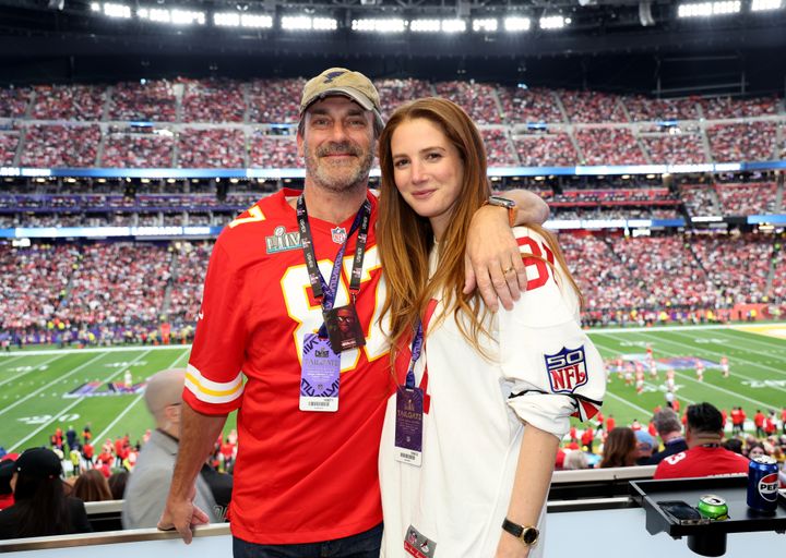 Jon Hamm wore a Chiefs jersey while his wife, Anna Osceola, was rooting for the Niners.