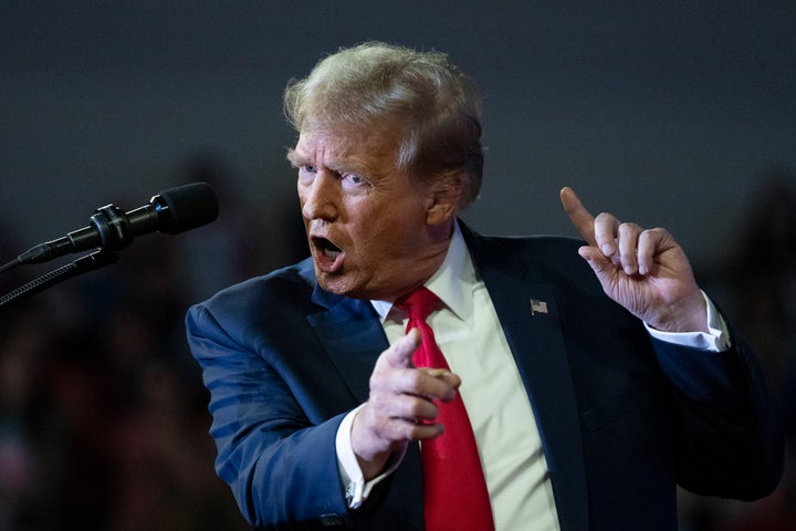 Republican presidential candidate former President Donald Trump speaks at a campaign rally at Coastal Carolina University, HTC Center, Saturday, Feb. 10, 2024, in Conway, SC. (AP Photo/Manuel Balce Ceneta)