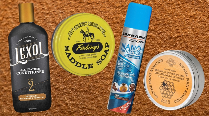 Lexol leather conditioner, saddle soap, Nano spray and bee's wax protectant