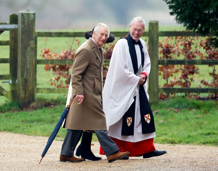 King Charles and Queen Camilla, accompanied by Reverend Canon Dr. Paul Williams, attend the Sunday service at the Church of St Mary Magdalene on the Sandringham estate on Feb. 11. 