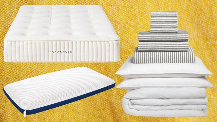 A dual-sided pillow from Amerisleep, an Eco Mattress from Parachute and a linen bedding bundle from Brooklinen.