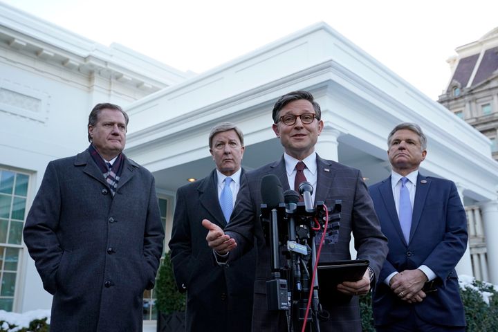 House Speaker Mike Johnson of Louisiana, second from right, flanked by, from left, Reps. Turner, Rogers and McCaul, speaks to reporters outside the White House on Jan. 17, following their meeting with President Joe Biden.