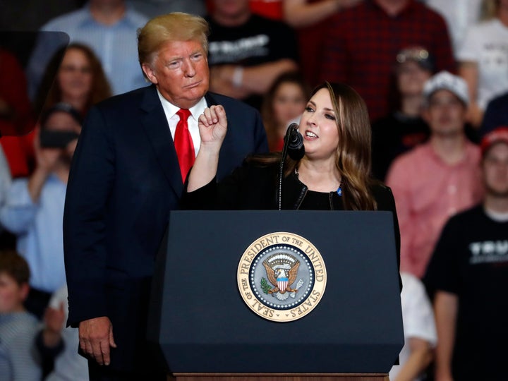 Republican National Committee chair Ronna McDaniel speaks at a rally for then-President Donald Trump in Cape Girardeau, Missouri. Trump is calling for a leadership change at the RNC that would make his daughter-in-law, Lara Trump, a co-chair even before he formally secures the party's presidential nomination. Trump outlined his RNC plans on social media Monday night.