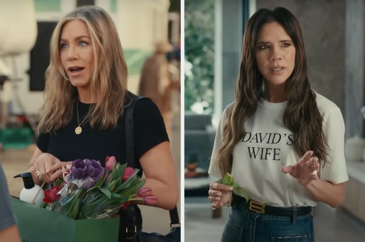 Jennifer Aniston and Victoria Beckham in their UberEats ad campaign