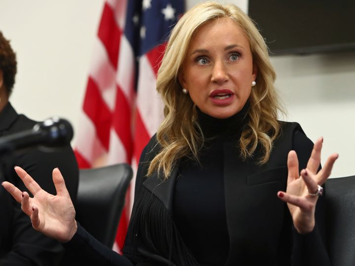 Florida state Sen. Lauren Book gestures as she speaks to the media on Feb. 6, 2023, in the Senate Office Building at the Capitol in Tallahassee.