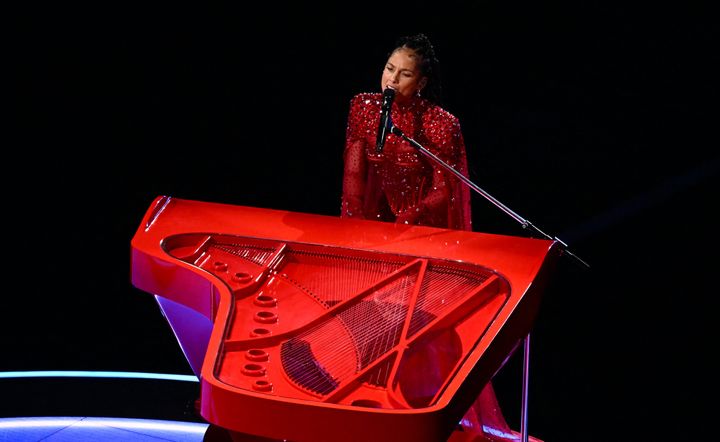 Alicia Keys performs during the halftime show at the 2024 Super Bowl in Las Vegas on Sunday.