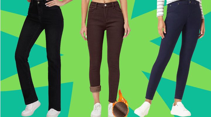 These straight-leg pants, brown jeans and jeggings are secretly lined with fleece for warmth. 
