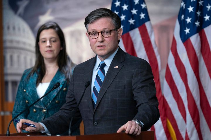 Speaker of the House Rep. Mike Johnson (R-La.) speaks during a news conference on Capitol Hill in Washington on Feb. 6 as House Republican Conference Chair Elise Stefanik (R-N.Y.) looks on.