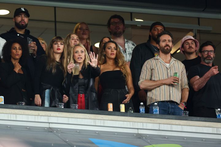 Taylor Swift, Brittany Mahomes, Blake Lively, Ryan Reynolds, and Hugh Jackman watch from the stands during an NFL football game between the New York Jets and the Kansas City Chiefs on Oct. 1, 2023, in East Rutherford, New Jersey.