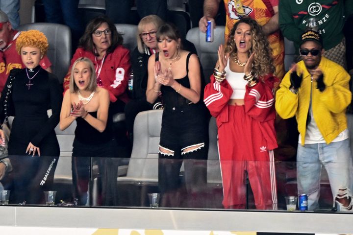 Taylor Swift, Ice Spice, Ashley Avignone and Blake Lively attend Super Bowl LVIII between the Kansas City Chiefs and the San Francisco 49ers on Feb. 11.