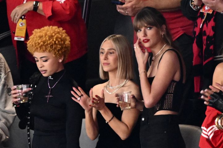 Taylor Swift at the Super Bowl with rapper Ice Spice and stylist Ashley Avignone