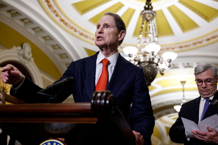 Sen. Ron Wyden speaks during a press conference following a luncheon with Senate Democrats in the U.S. Capitol Building on May 2, 2023, in Washington, D.C.