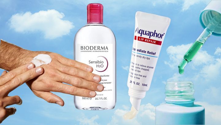 The CeraVe moisturizing cream, Bioderma Sensibio micellar water, Aquaphor lip repair lip balm and Blume Meltdown Oil.