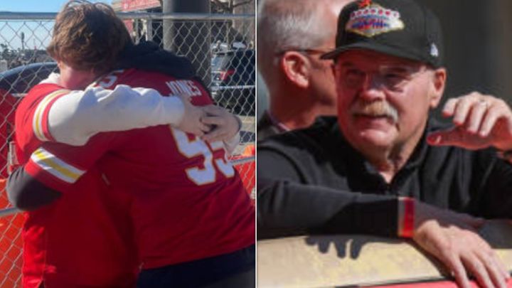 Gabe Wallace, right in first photo, embraced pal Hank Hunter after the shooting. Wallace was comforted by Coach Andy Reid, pictured during the parade, as he panicked amid the chaos.