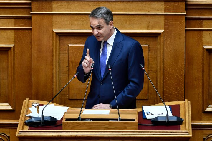 Greece's Prime Minister Kyriakos Mitsotakis speaks during a debate in parliament on same-sex marriage in Athens, Greece, on Feb. 15, 2024.