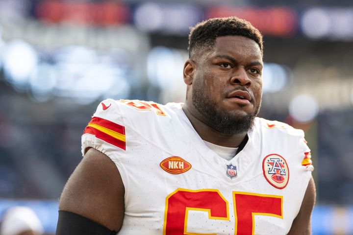Kansas City Chiefs guard Trey Smith walks back to the locker room before an NFL football game against the Los Angeles Chargers on Jan. 7.