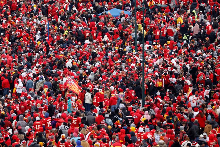 Thousands of Kansas City Chiefs fans crowd in front of Union Station for a victory rally in Kansas City, Mo., Wednesday, Feb. 14, 2023, as they celebrate the football club's NFL Super Bowl 57 win following a parade. (AP Photo/Colin E. Braley)