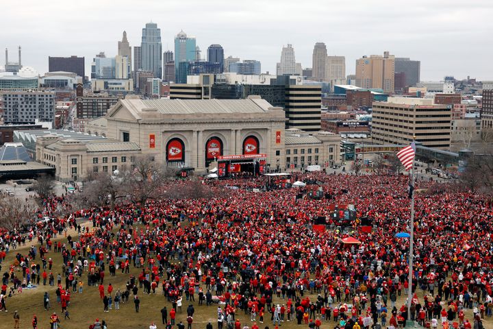 Thousands of Kansas City Chiefs fans crowd in front of Union Station for a victory rally in Kansas City, Mo., Wednesday, Feb. 14, 2023, as they celebrate the football club's NFL Super Bowl 57 win over the Philadelphia Eagles following a parade. (AP Photo/Colin E. Braley)
