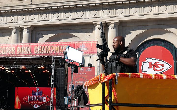 KANSAS CITY, MISSOURI - FEBRUARY 14: Law enforcement responds to a shooting at Union Station during the Kansas City Chiefs Super Bowl LVIII victory parade on February 14, 2024 in Kansas City, Missouri. (Photo by Jamie Squire/Getty Images)