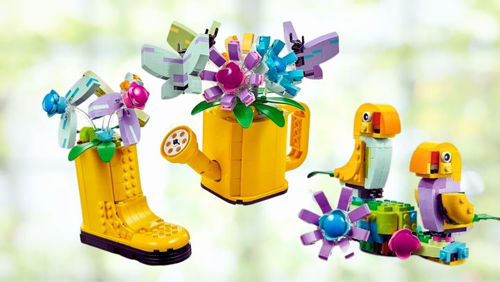 The nature-inspired Lego set's three models, including a floral watering can, a rain boot and a pair of birds.