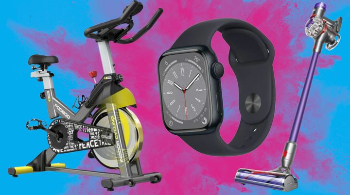 A stationary bike, Apple watch and Dyson cordless vacuum.
