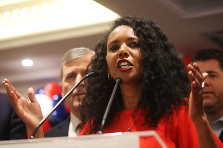 Republican nominee Mazi Melesa Pilip addresses supporters in East Meadow, New York, on Wednesday night after conceding the race to Suozzi.