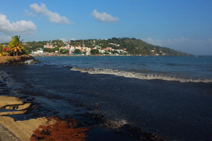 View of the oil spill on Feb. 10 at Rockly Bay on Tobago.