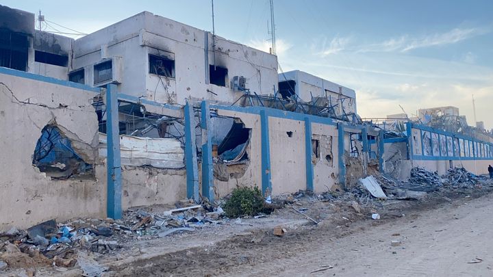 A view of destruction on Feb. 11 at UNRWA headquarters in Gaza City. The U.N. agency provides aid to millions of Palestinians.