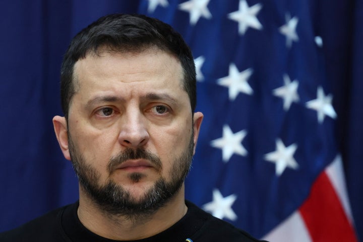 Ukrainian President Volodymyr Zelenskyy attends a press conference with U.S. Vice President Kamala Harris at the Munich Security Conference at the Bayerischer Hof Hotel in Munich, Germany, Saturday, Feb. 17, 2024.