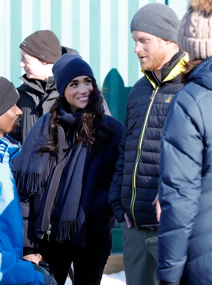 Meghan Markle and Prince Harry are pictured in the Whistler area of British Columbia, Canada, on Feb. 15.