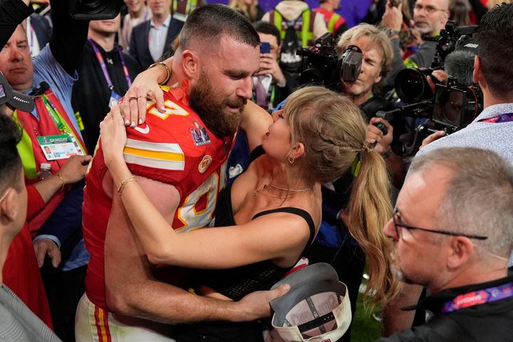 Travis Kelce and Taylor Swift after the Kansas City Chiefs beat the San Francisco 49ers in the 2024 Super Bowl.