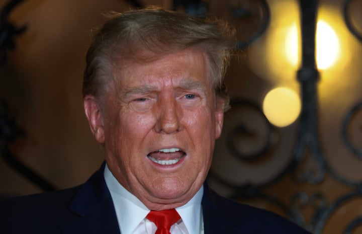 Former U.S. President and current GOP Presidential candidate Donald Trump addresses the press at Mar-a-Lago on February 16, 2024, in West Palm Beach, Florida.