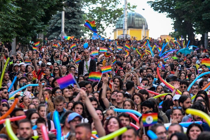 Thousands of people take part in the annual Sofia LGBT Pride parade in Sofia, Bulgaria, June 12, 2021 (Photo by Georgi Paleykov/NurPhoto via Getty Images)