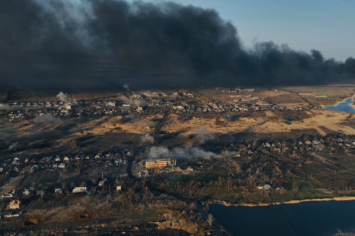 A general view of the village of Lastochkino, which is under fire from MLRS 