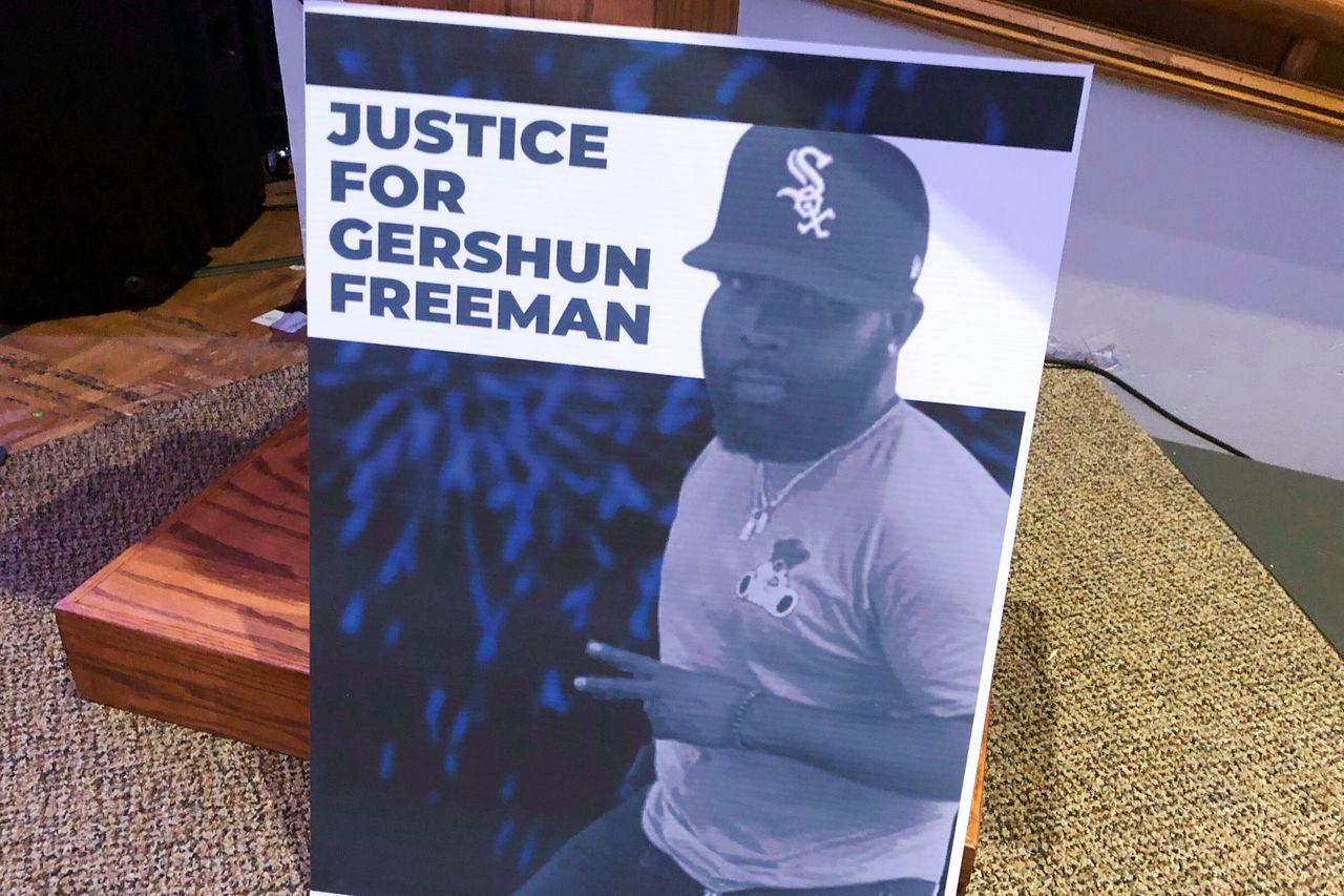 A poster showing an image of Gershun Freeman is seen during a news conference on Sept. 25, 2023, in Memphis, Tennessee. Freeman, 33, died in October 2022 after he was beaten in a Memphis jail. Nine jail deputies have been charged in the beating.