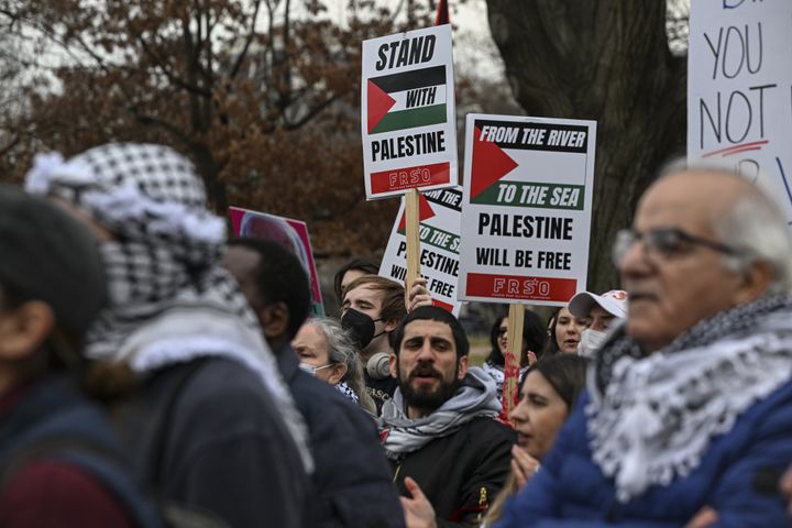 People stage a demonstration in support of Palestinians at Lafayette Square Park in Washington, D.C., on February 10, 2024.