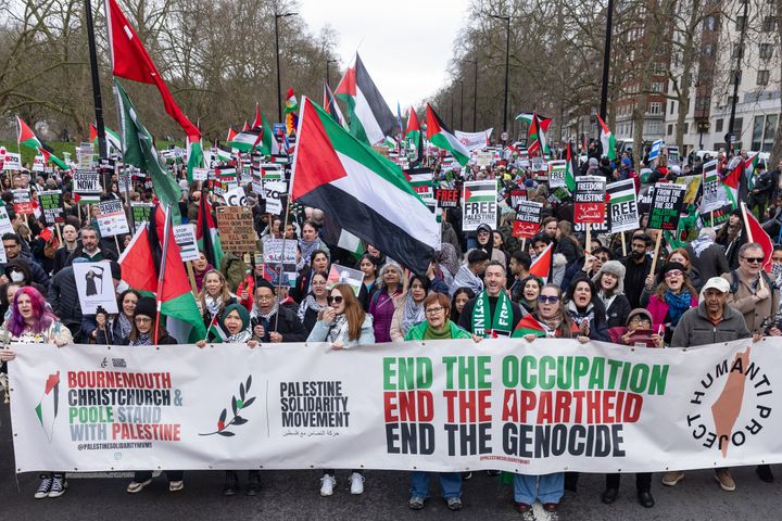 Tens of thousands of pro-Palestinian protesters take part in a Global Day of Action to call for an immediate and permanent cease-fire in Gaza on February 17, 2024 in London, United Kingdom. The protesters marched to the Israeli embassy for the first time since October 7, 2023.